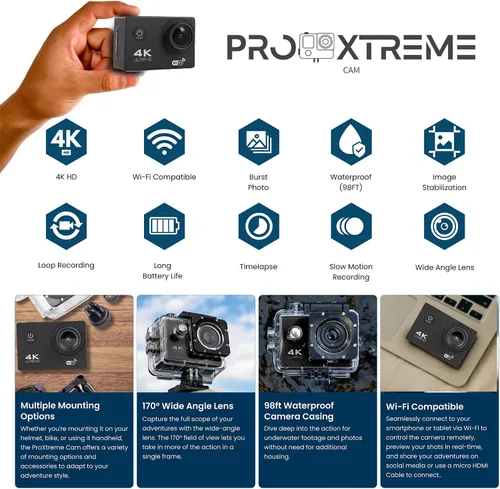Vista 2 de Cámara de acción Pro Xtreme 4K – Cámara de video impermeable Ultra HD con Wi-Fi, lente gran angular de 170°, estabilización de imagen, múltiples
