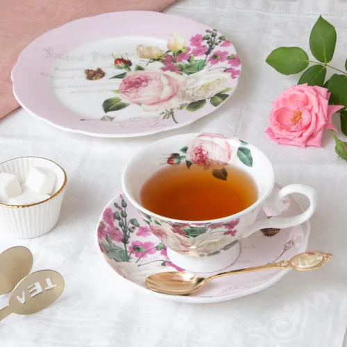 Vista 2 de Gracie Bone China - Taza y platillo de mariposa rosa rosa de 8 onzas (juego de 2)