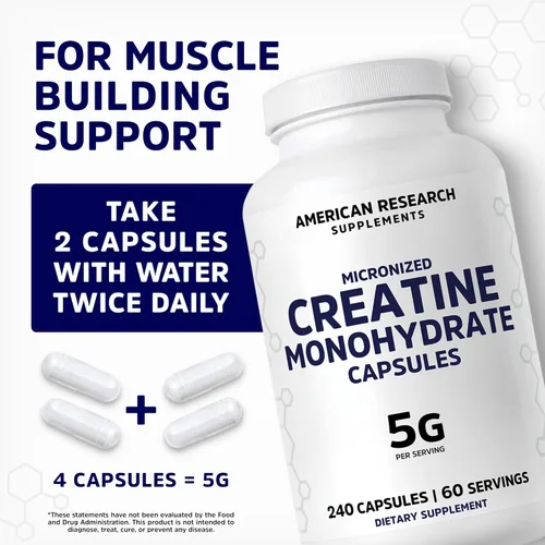 Vista 4 de Cápsulas de monohidrato de creatina 5G 60 porciones Veganas 4 cápsulas por porción Píldoras de creatina micronizada 5000 mg 240 cápsulas