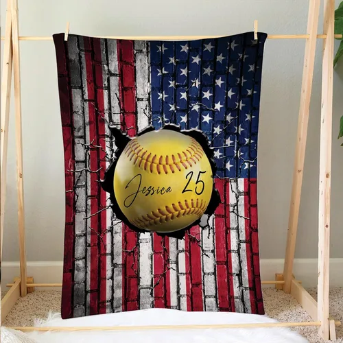 Vista 3 de Manta de sóftbol personalizada, manta de bandera de EE. UU., manta de forro polar Sherpa suave y acogedora, manta de sóftbol para mamá, hija, niño