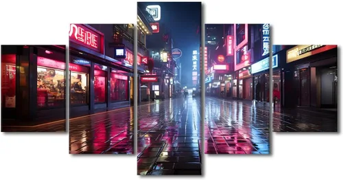 Vista 59 de Póster de 5 paneles en lienzo para decoración de pared, diseño de centro urbano Cyberpunk, impresión moderna, decoración de pared para el hogar
