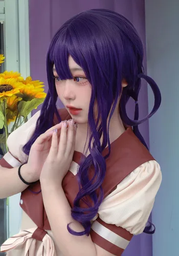 Vista 7 de C-ZOFEK Akane Aoi - Peluca larga de cabello rizado trenzado morado para mujer, anime de Halloween (morado)