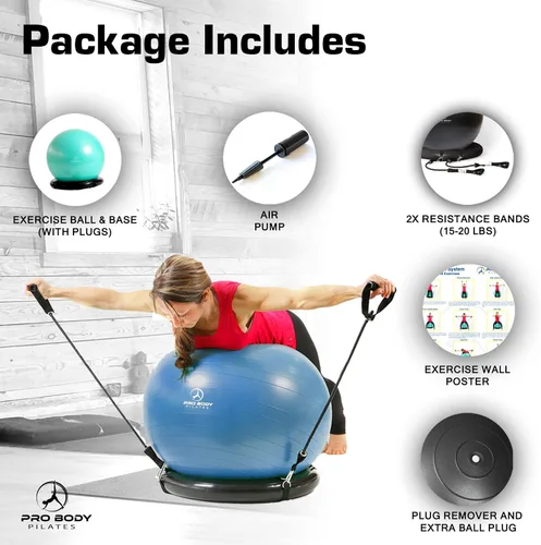 Vista 4 de ProBody Pilates Círculo mágico de 14 pulgadas y una pelota de yoga de 25.6 in con base y bandas (2 unidades) para estabilidad, barras, yoga