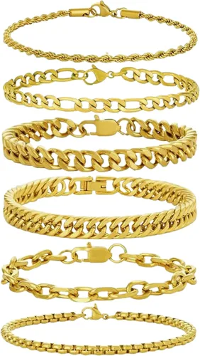 Vista 12 de XIANNVXI Juego de 6 pulseras de acero inoxidable para hombre y mujer, color plateado/dorado/negro, pulseras de eslabones cubanos, estilo soga