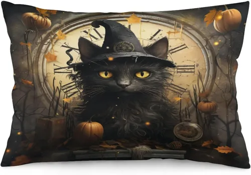 Vista 26 de Funda de almohada con sombrero de bruja con diseño de gato de 20 x 30 pulgadas, diseño de impresión de doble cara con cremallera invisible, Patrón 8