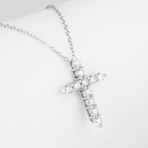 Vista 2 de Collar con colgante de cruz para esposa, madre, novia, novio, compuesto por 11 moissanitas de 0,1 quilates, plata de ley 925 chapada en oro blanco