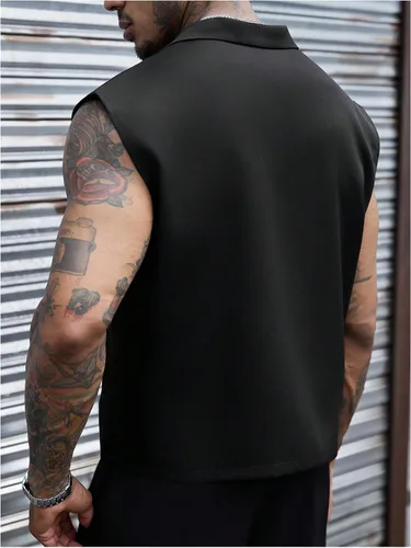 Vista 2 de GORGLITTER Camisas recortadas sin mangas con cuello en V y botones para Negro