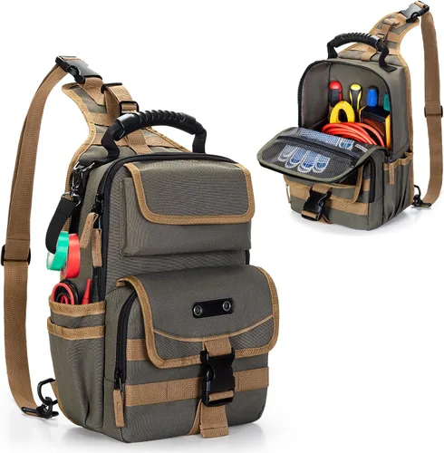 Vista 9 de Bolsa de herramientas para electricistas Trahzia, organizador de herramientas HVAC con cremallera, asa ergonómica y correa de hombro para técnicos