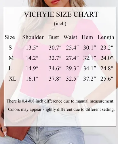 Vista 9 de VICHYIE Camisas de verano para mujer, cuello redondo, manga corta, acanaladas, ajustadas, casuales, básicas
