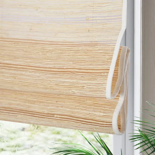 Vista 9 de Yin Yang Persianas romanas de bambú opacas sin cables, elegantes persianas romanas de madera tejida natural con cenefa de 6 pulgadas de alto