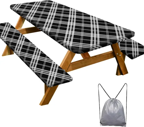 Vista 12 de Mantel de mesa de picnic con fundas de banco de 6 pies, 3 piezas, impermeable, resistente al viento, mantel de camping estético con bolsa