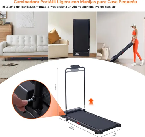 Vista 5 de Walking Pad Treadmill with Handle Bar, Portable Small Treadmill for Home, 2026 Upgrade Compact Walking Treadmill with Handles, 3.0HP Under Desk