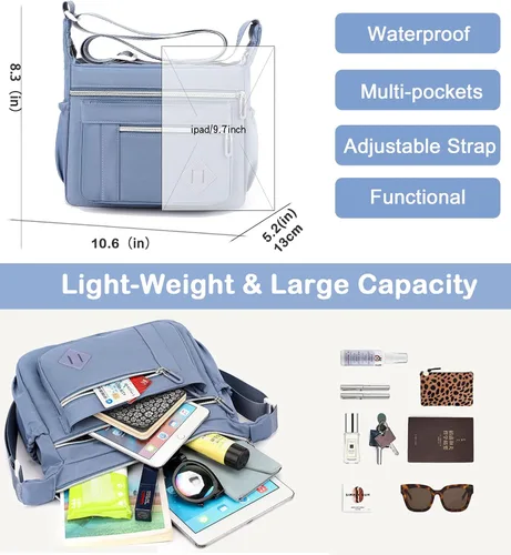 Vista 4 de BASICPOWER Bolso cruzado para mujer, múltiples bolsillos, ligero, impermeable, bolso de mano de viaje
