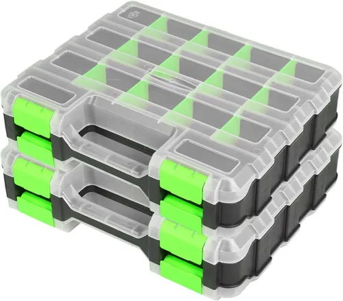 Vista 10 de Jack Boss Caja de herramientas con tapa transparente, caja organizadora de 34 compartimentos de doble cara con divisores extraíbles para herrajes
