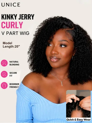 Vista 3 de UNICE Kinky Jerry - Peluca de cabello humano rizado con parte en V, sin