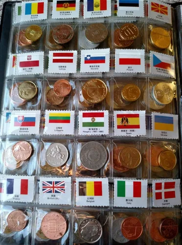 Vista 5 de Kit de iniciación para colección de monedas, 120 países, 100% original original/moneda del mundo con álbum de recolección de cuero etiquetado por