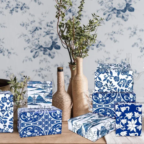 Vista 7 de Whaline 12 hojas de papel de regalo chinoiserie azul de 19.7 x 27.6 pulgadas, papel de regalo floral de porcelana de paisaje chino clásico, papel