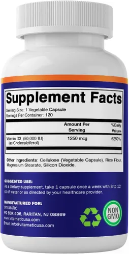 Vista 8 de Vitamatic Vitamina D3 50,000 UI (como colecalciferol), dosis semanal, 1250 mcg, 120 cápsulas vegetales, fórmula progresiva que ayuda a
