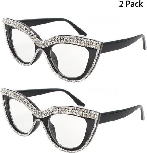 Vista 2 de Gafas de Lectura de Ojo de Gato con Diamantes de Imitación Brillantes, Magnificadas con Bloqueo de Luz Azul 2 Pack blanco