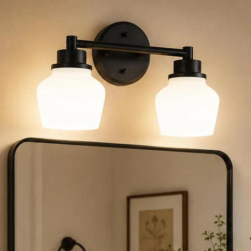 Vista 11 de Lámpara de tocador dorada Emak con pantalla de vidrio lechoso, accesorios modernos de iluminación de baño sobre espejo, 3 luces de tocador de baño