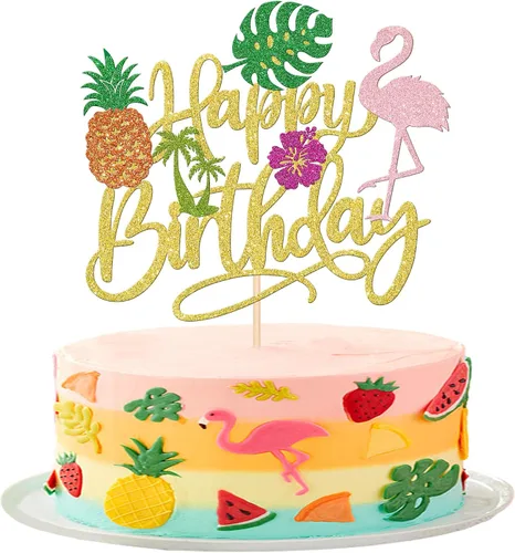 Vista 13 de 1 pieza de decoración de pastel de flamenco con purpurina para palmera, tortuga, hoja, flor, piña, flamenco, decoración para tartas tropicales