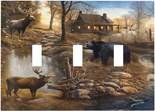 Vista 11 de Bear Moose Lodge Woodland - Placa de interruptor de luz dúplex individual de 1 banda, cubierta de salida decorativa de pared, placa frontal