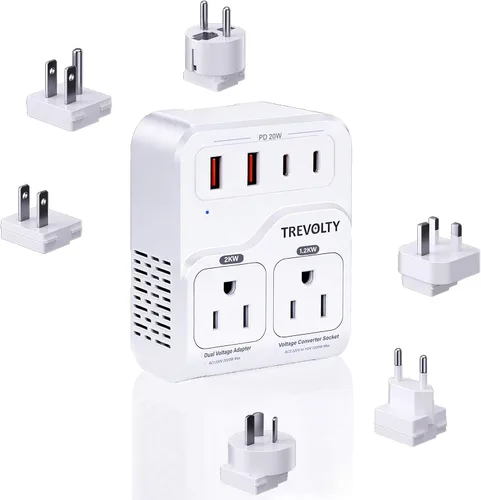 Vista 8 de Convertidor de voltaje de 2000 W de EE. UU. a Europa para secadores de pelo, convertidor de 220 V a 110 V para viajes europeos con 3 puertos AC/2