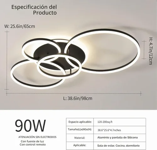 Vista 4 de Lámpara de techo LED moderna de 90W regulable con control remoto, 5 anillos, lámpara de techo empotrada, candelabro acrílico negro LED para sala