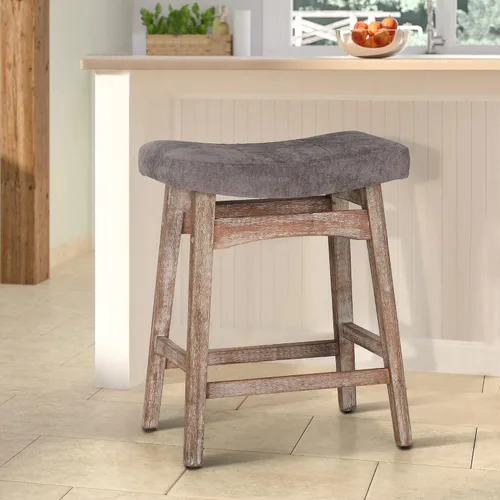 Vista 21 de Taburete de bar gris de madera maciza para encimera de cocina, taburete de bar con asiento de cuero sintético, taburete tapizado para isla de 34 a