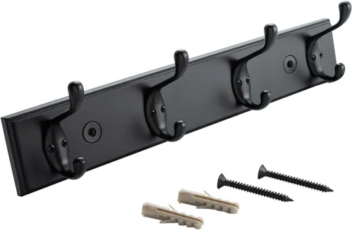 Vista 8 de HOME MASTER HARDWARE Perchero de pared negro, ganchos de pared de MDF para colgar abrigos, estante decorativo para sombreros de 27" para pared con 5