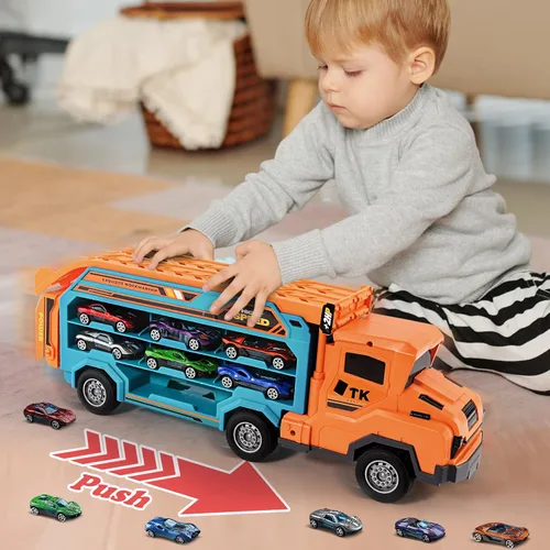 Vista 5 de Juguetes de camión para niños pequeños, camión transportador de automóvil de juguete para niños de 3 a 5 4 a 8 años, juegos de pista de autos Naranja