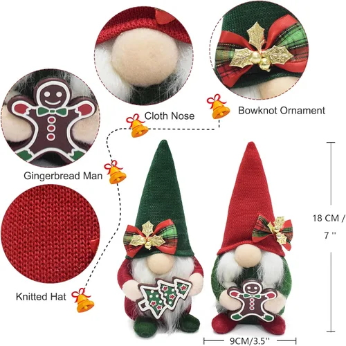 Vista 2 de Attiigny - Gnomos de Navidad de felpa con jengibre, gnomo navideño hecho a mano, sueco nórdico, rojo verde, figura de gnomo clásico, regalos de elfo