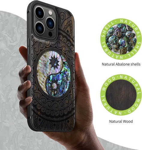 Vista 2 de Carveit Funda protectora de madera de diseñador para iPhone 13 Pro, grabado de madera e incrustaciones de concha, compatible con 13 Pro MagSafe