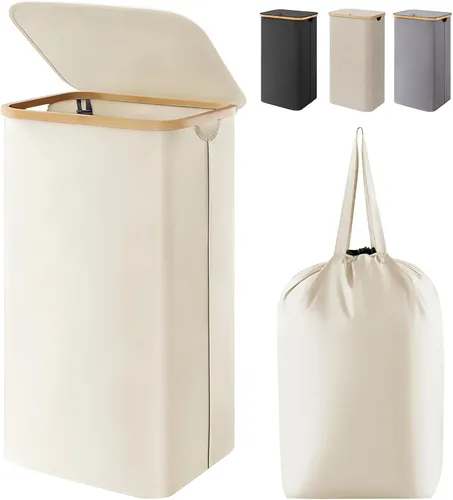 Vista 22 de Lifewit Cesta de lavandería de 80 litros con tapa, cestas de ropa para lavandería con asas de bambú y una bolsa de lavandería extraíble, cesta Beige