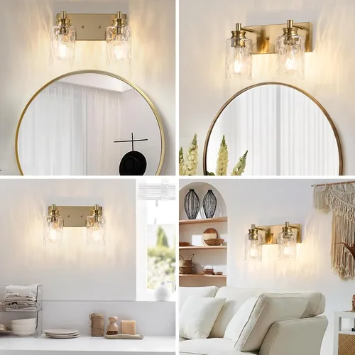 Vista 8 de Accesorios de lámpara de tocador de baño de 2 luces, moderna lámpara de baño dorada cepillada sobre espejo con pantalla de vidrio martillado