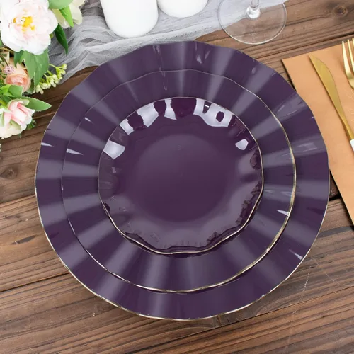 Vista 91 de Tableclothsfactory Paquete de 10 platos redondos de plástico negro de 6 pulgadas para ensalada de postre, platos desechables con borde ondulado