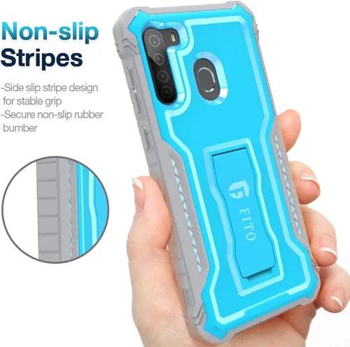 Vista 3 de FITO Funda para Samsung Galaxy A21, doble capa a prueba de golpes resistente con protector de pantalla para teléfono Samsung A21, soporte Azul
