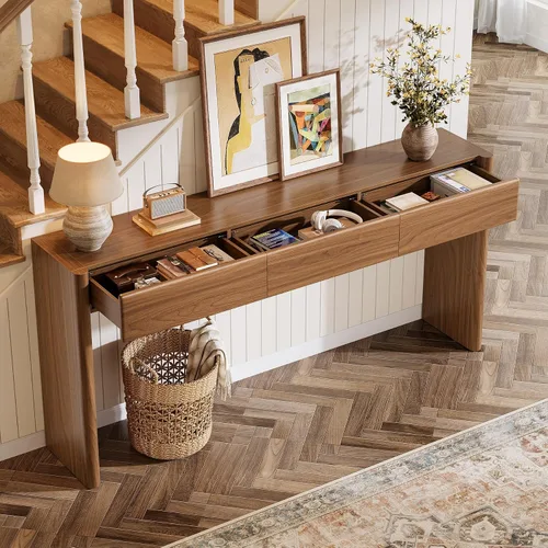 Vista 4 de Tribesigns Mesa consola con 3 cajones, mesa de entrada de madera de 70.9 pulgadas detrás del sofá, consola larga de granja con almacenamiento
