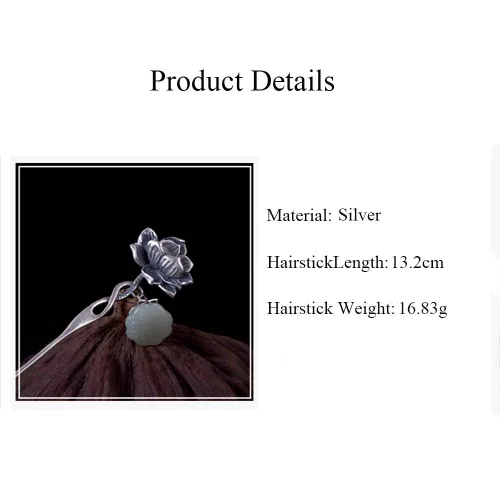 Vista 5 de Hetian Jade Lotus Sterling 925 Horquillas para el pelo hechas a mano con caja de regalo