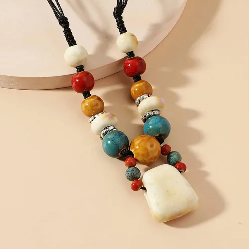 Vista 4 de ERLOSYA Collar tribal bohemio en capas para mujer, estilo retro, collar trenzado turquesa, a la moda, cordón ajustable de cáñamo, cuentas