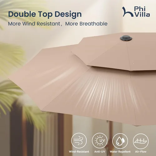 Vista 6 de PHI VILLA Sombrillas para patio al aire libre de 13 pies con base incluida, sombrilla rectangular de doble cara de 2 niveles para exteriores