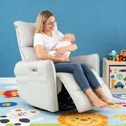 Vista 4 de Sillón reclinable eléctrico con base giratoria, silla reclinable eléctrica con carga USB, piel sintética (gris claro)