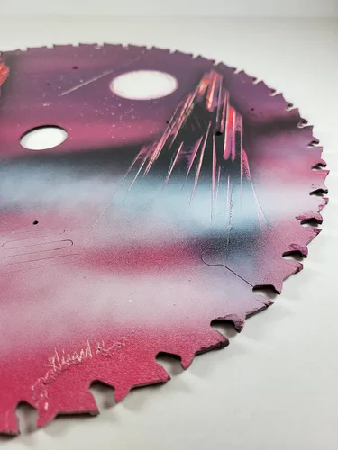 Vista 4 de Double Sided Saw blade Painting in Purple Colors of Fantasy Landscape scenes Flip Sides by artist Jason Girard