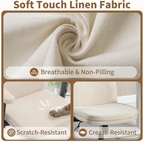Vista 5 de Silla de oficina ajustable con respaldo medio, cómoda, de lino, ergonómica, con respaldo para el hogar, silla de computadora con reposabrazos Beige
