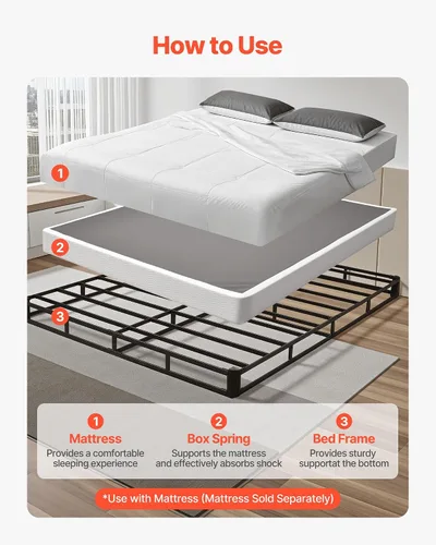 Vista 4 de VEVOR Base de cama tamaño Queen con tela lavable, marco de metal resistente para cama Queen, base de colchón de 5.1 pulgadas, capacidad máxima