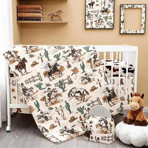 Vista 11 de Juego de ropa de cama de 4 piezas para cuna con animales del bosque, incluye falda de cuna de safari en la jungla, manta, sábana de cuna y apilador