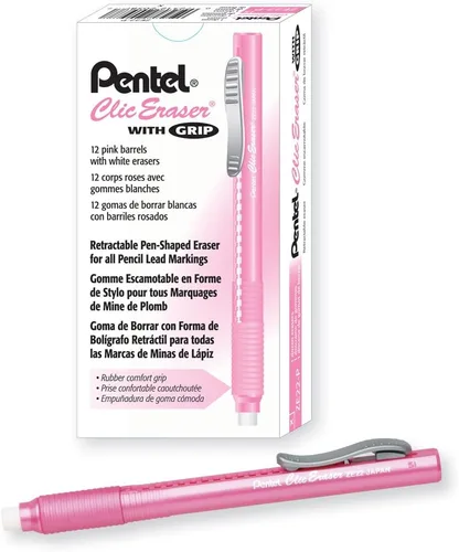 Vista 8 de Pentel Clic - Empuñadura de borrador, borrador retráctil, barril negro, caja de 12 unidades (ZE22A)