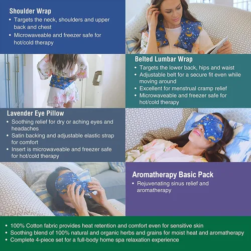Vista 2 de Nature's Approach Juego de 4 almohadillas térmicas para aromaterapia con 12 hierbas calmantes para microondas Shoulder wrap, belted lumbar wrap