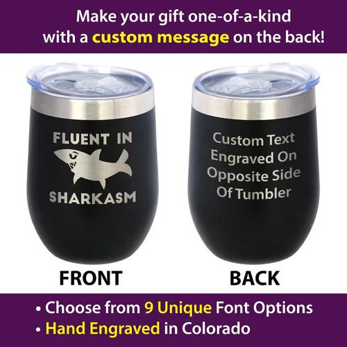 Vista 2 de Personalizado Fluido en Sharkasm - Vaso Tumbler de Vino Personalizado de Tiburón Divertido con Tapa Deslizante - Taza Aislada de Acero Inoxidable
