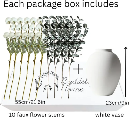 Vista 4 de Flores artificiales blancas y vegetación con jarrón, centro de mesa de arreglo floral sintético para mesa de comedor, flores de seda realistas